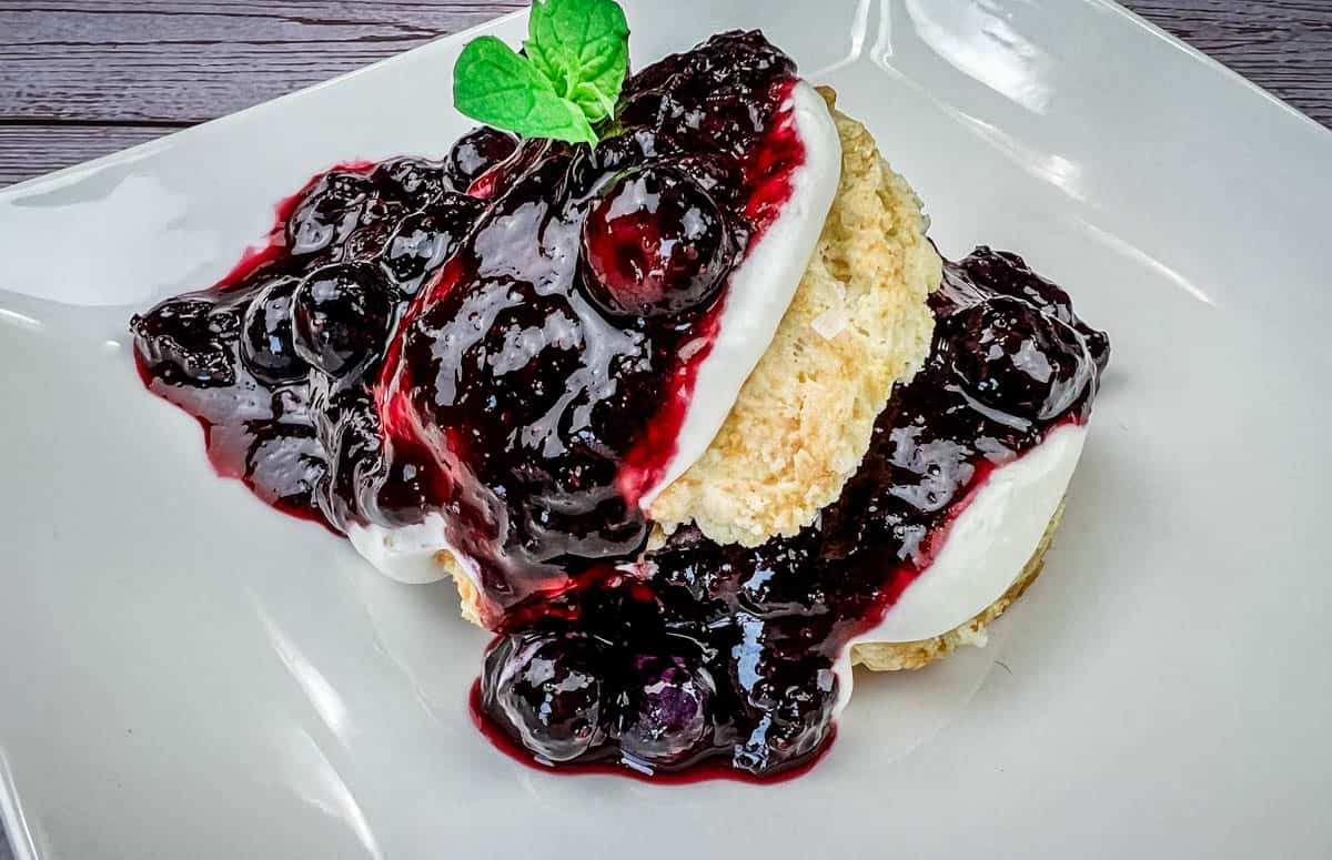 Close-up shot of Blueberry Shortcakes served on a white plate.