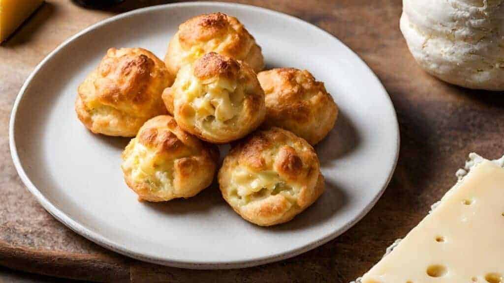 A plate of Gougeres served on a wooden table, with a piece of cheese visible to the side.