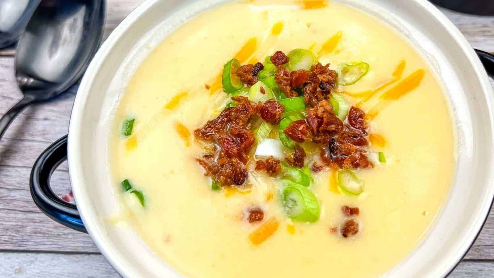 A closeup of Jason's Deli Irish Potato Soup.`