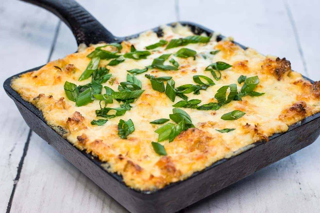 Crab Rangoon Dip in a black square dish.