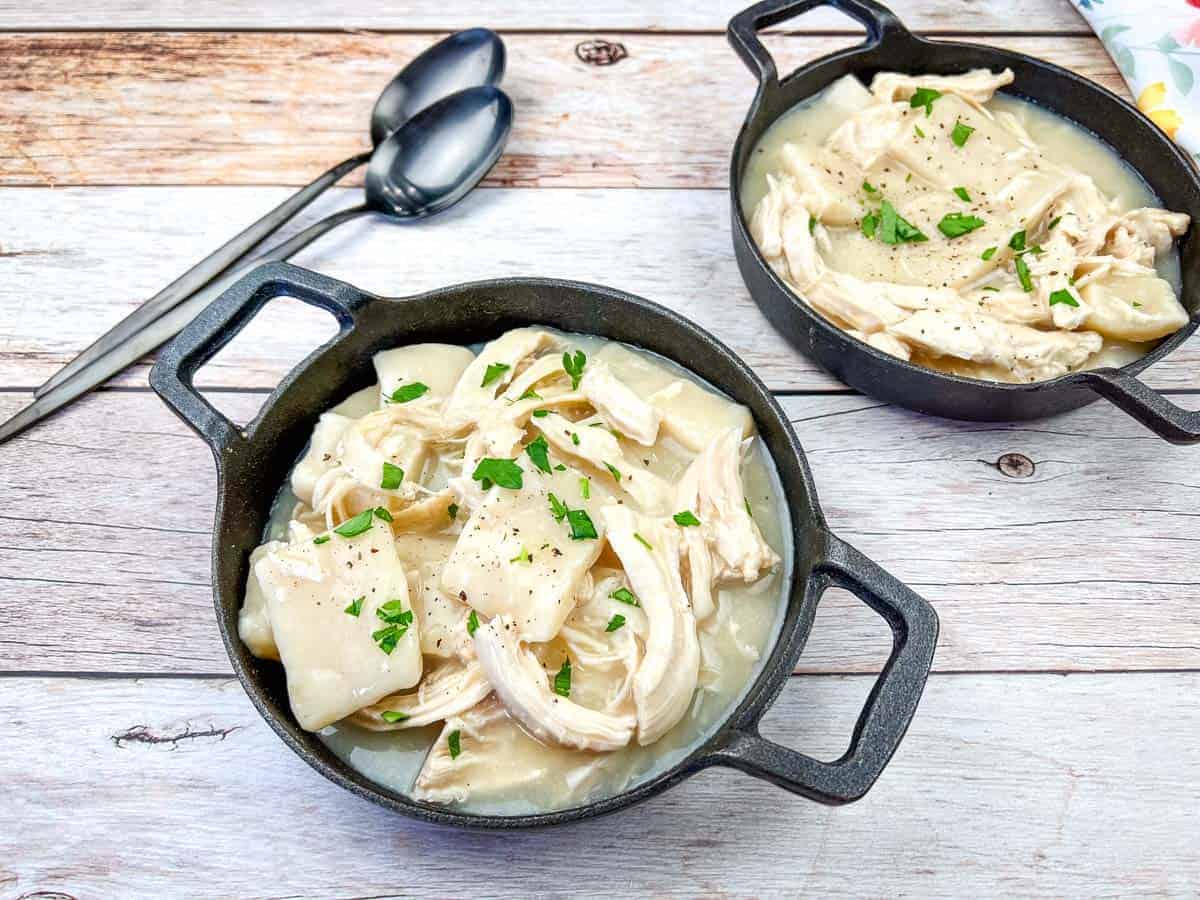 Two bowls of Copycat Cracker Barrel Chicken and Dumplins.