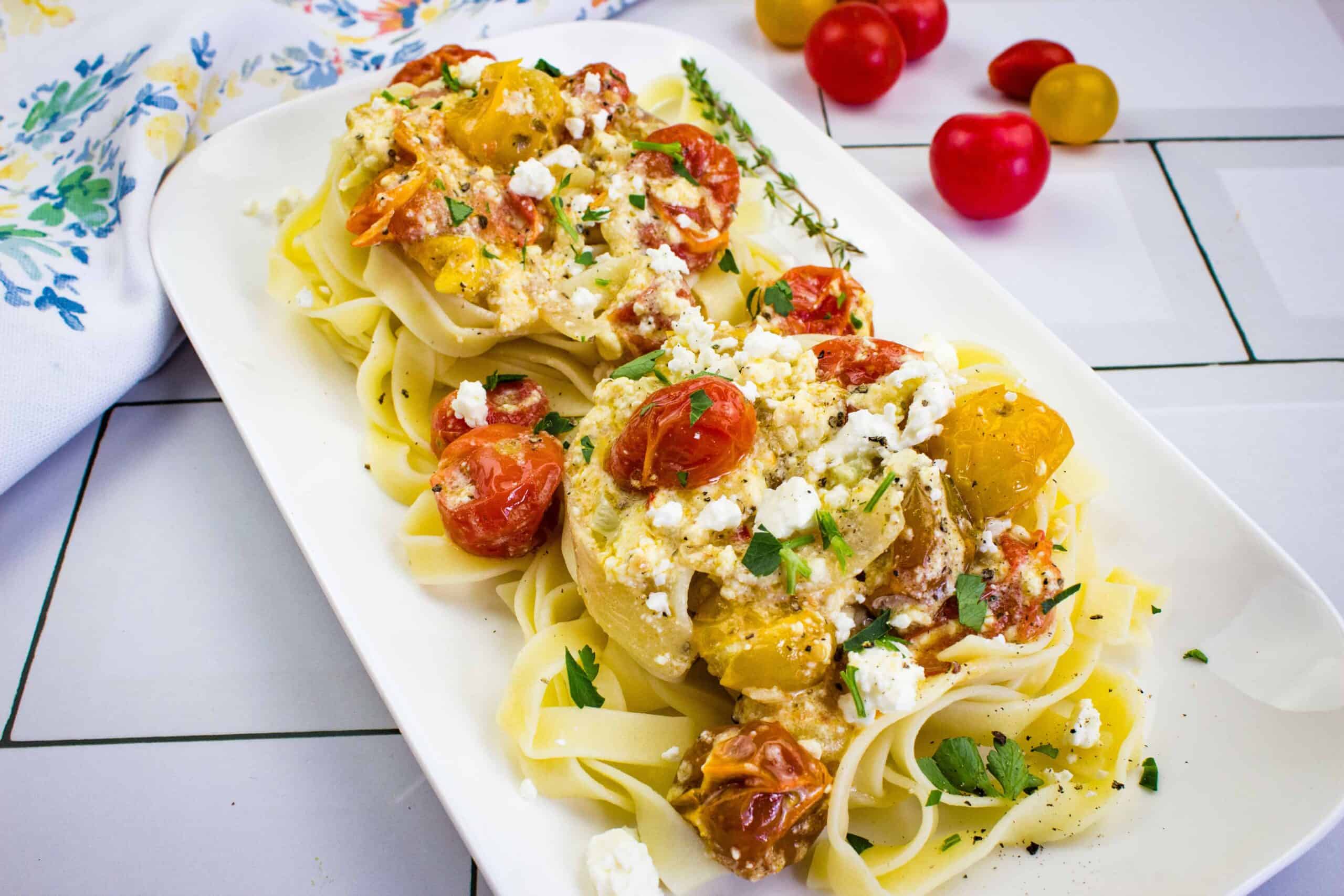 Baked Feta Pasta on a platter.