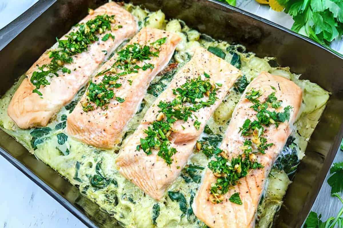 Salmon Gnocchi Bake with Gremolata on a dish.