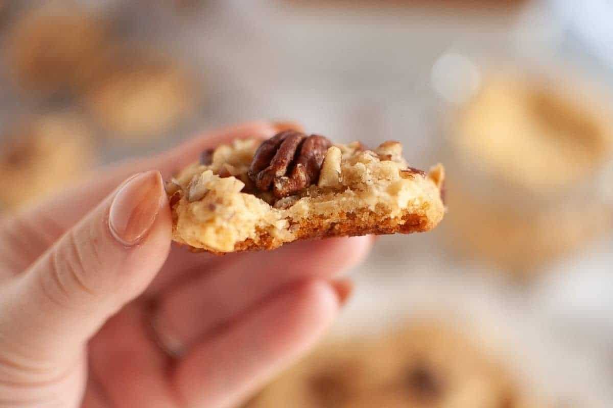 A hand holds a bitten Butter Pecan Cookie topped with a pecan and chopped nuts, with a blurred background.